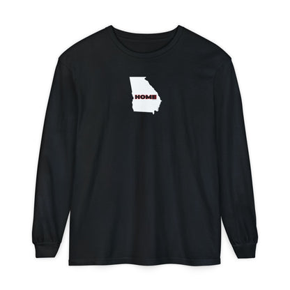 Black Comfort Colors unisex heavy weight 100% cotton Georgia pride long-sleeve tee in school colors; State of Georgia graphic with text 'HOME'