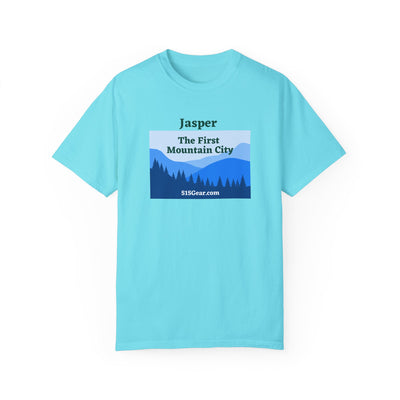 Jasper, GA First Mountain City, blue ridge mountains graphic, Unisex Garment-Dyed adult T-shirt by 515Gear.com