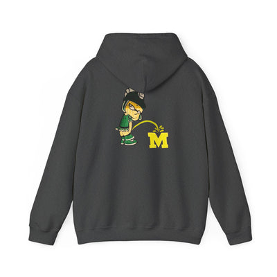 Dark gray hoodie with Sparty cartoon character peeing on a block M