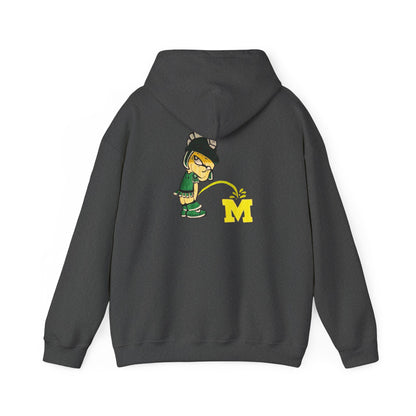 Dark gray hoodie with Sparty cartoon character peeing on a block M