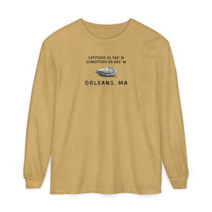 Beige long-sleeve shirt with Oyster graphic and text "Latitude 41.788 N, Longitude 69.991  Orleans, MA"