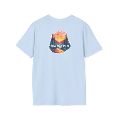 Light blue Gildan Softstyle t-shirt with text "Halcyon Days" and mountain river graphic