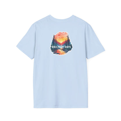 Light blue Gildan Softstyle t-shirt with text "Halcyon Days" and mountain river graphic