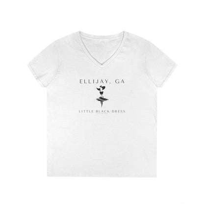 Women's white V-neck t-shirt with black lady in hat and dress graphic and text "Ellijay, GA - Little Black Dress" by 515Gear.com