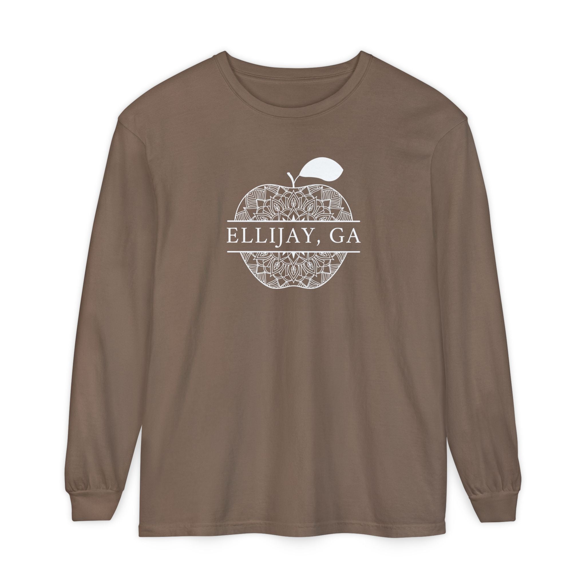 Brown Comfort Color long sleeve t-shirt with an apple design and 'Eliijay, GA' text 