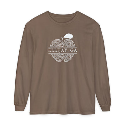 Brown Comfort Color long sleeve t-shirt with an apple design and 'Eliijay, GA' text 