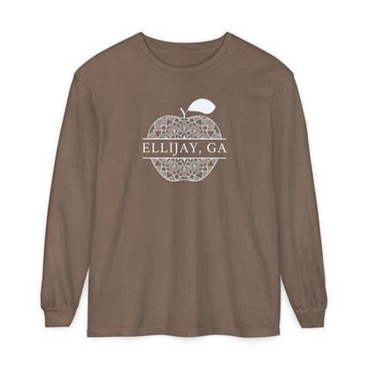 Brown Comfort Color long sleeve t-shirt with an apple design and 'Eliijay, GA' text 