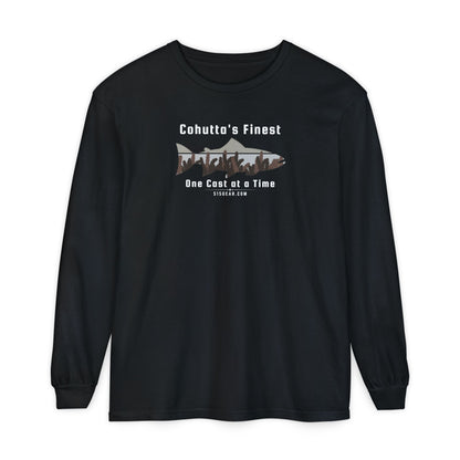 Black long-sleeve shirt with a fishing-themed design saying Cohutta's finest One Cast at a Time by 515Gear.com