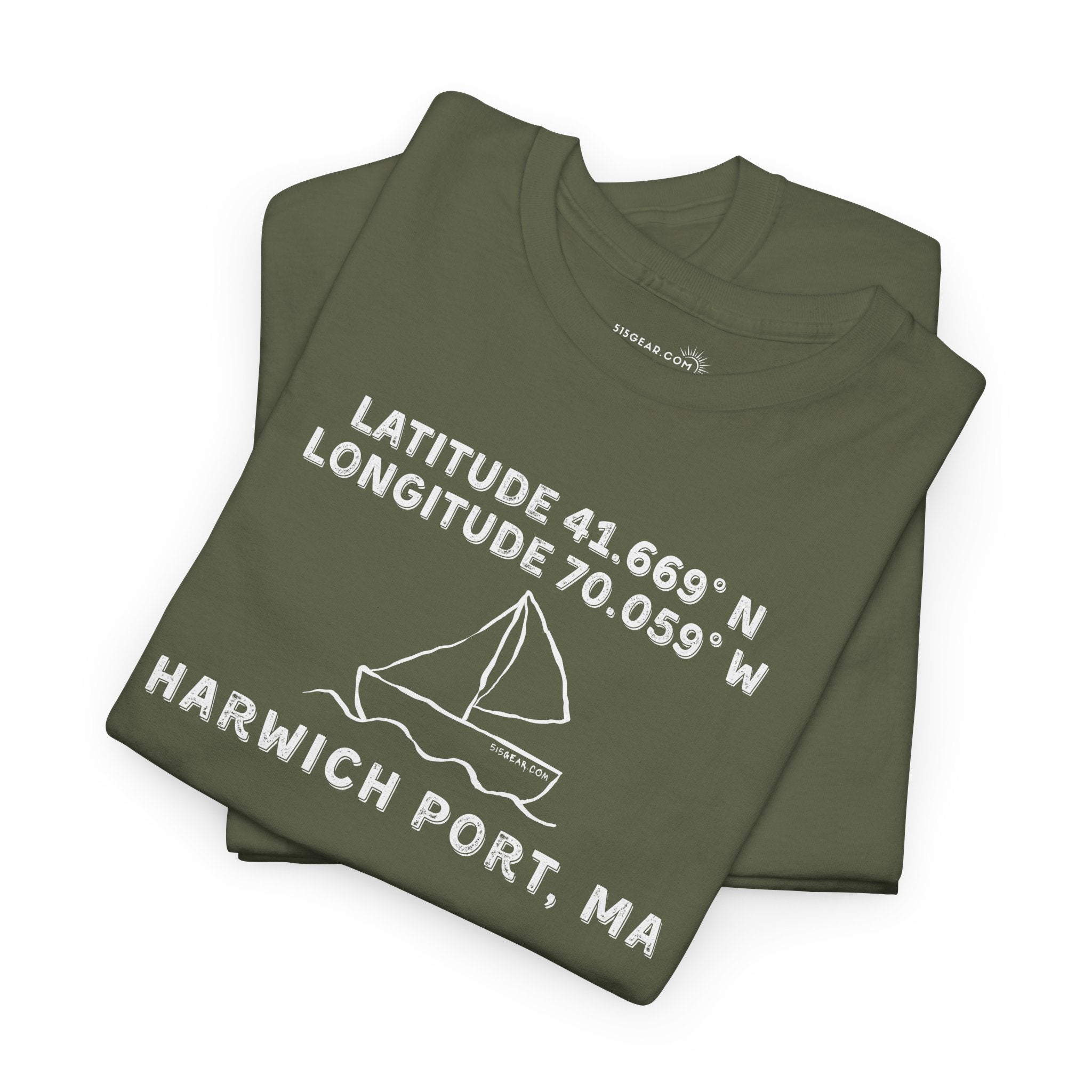 Folded green t-shirt with text "Latitude 41.669 N Longitude 70.058 W - Harwich Port, MA" and sailboat graphic