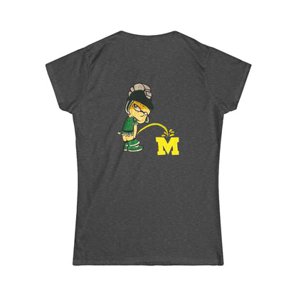 Dark gray t-shirt with a cartoon character and large 'M' logo on the back, on a white background.