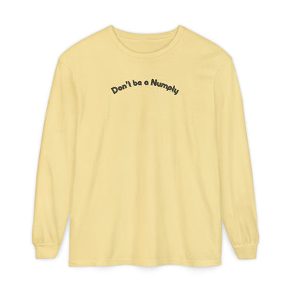 Yellow long-sleeve shirt with text 'Don't be a Numpty' on a white background
