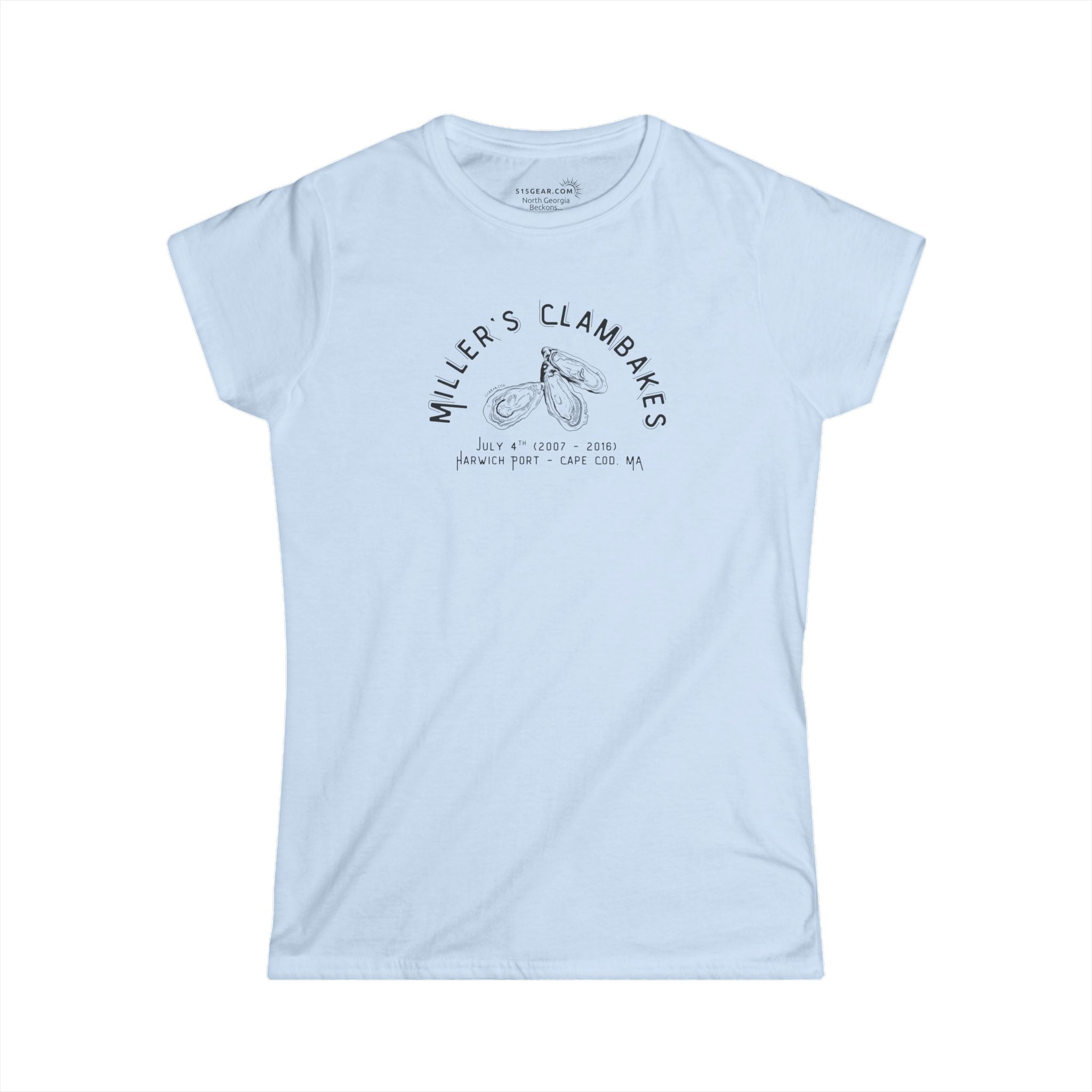 Light blue t-shirt with Oyster shell graphic and text Miller's Clambakes