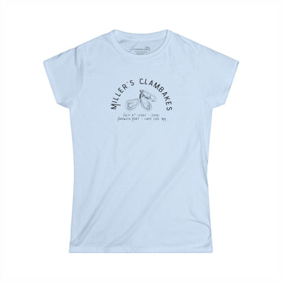 Light blue t-shirt with Oyster shell graphic and text Miller's Clambakes
