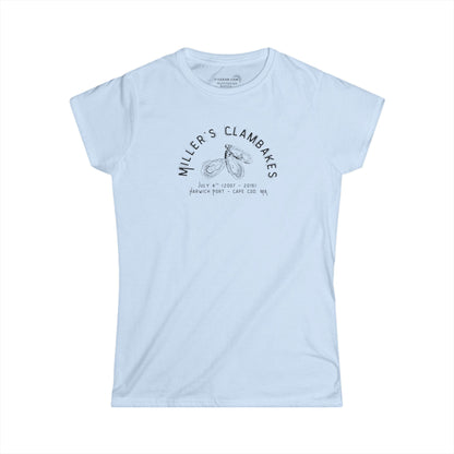 Light blue t-shirt with Oyster shell graphic and text Miller's Clambakes