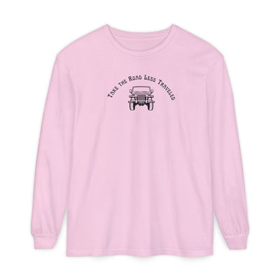 Pink long-sleeve shirt with Jeep graphic and text "Take the Road Less Traveled"