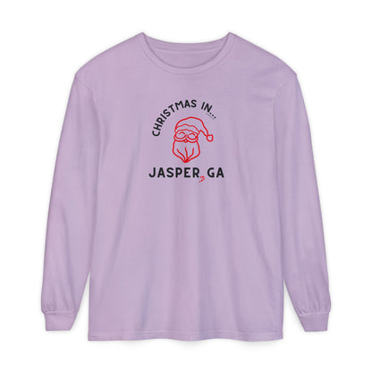 Purple long-sleeve shirt with happy Santa and candy cane graphic and text "Christmas in... Jasper, GA"