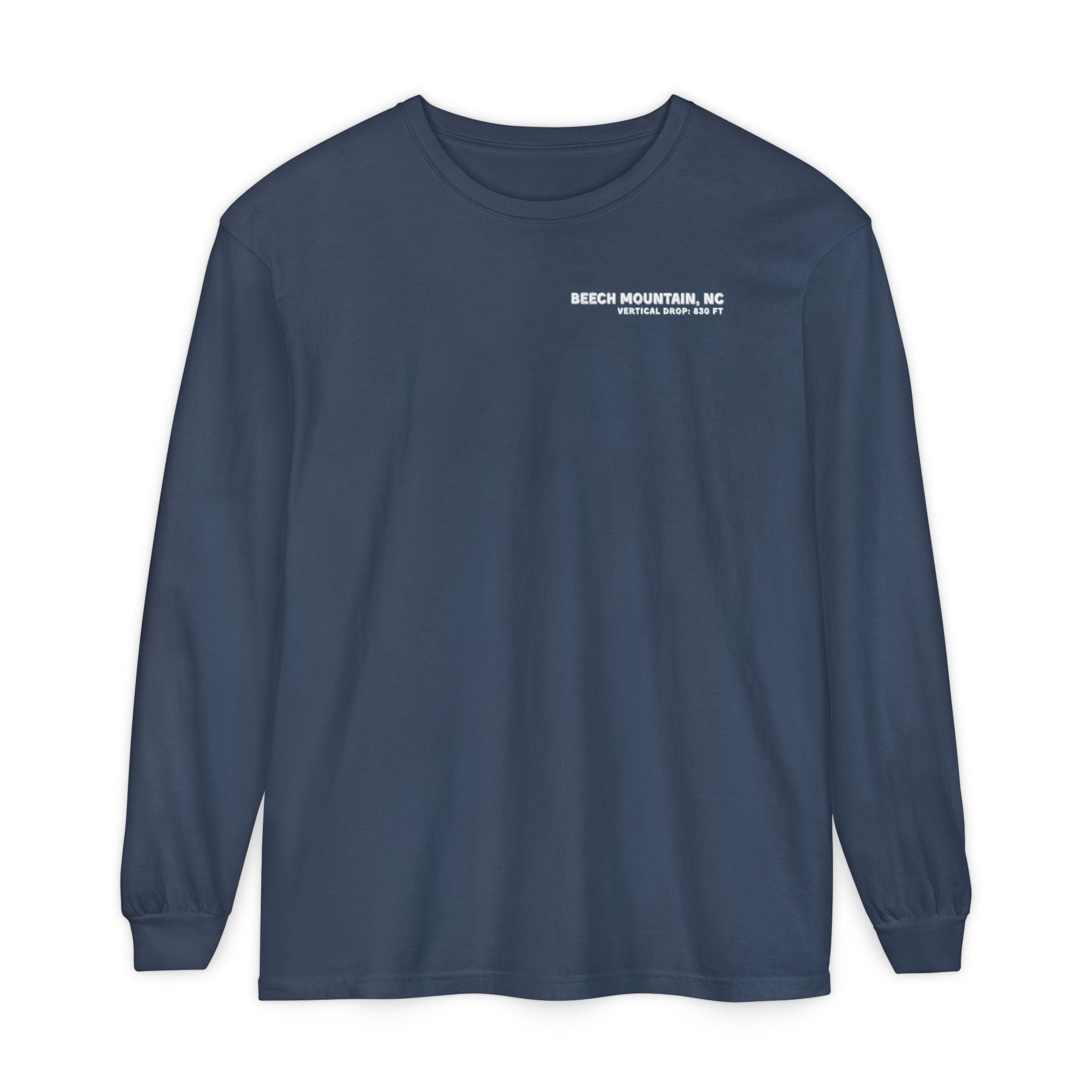 Navy long-sleeve Comfort Color t-shirt with text Beech Mountain NC Vertical Drop  830 ft