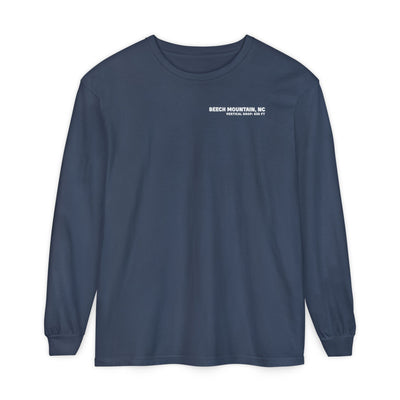 Navy long-sleeve Comfort Color t-shirt with text Beech Mountain NC Vertical Drop  830 ft