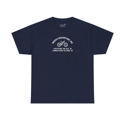 Navy blue t-shirt with mountain bike graphic and text "Beech Mountain, NC - Latitude and Longitude" coordinates