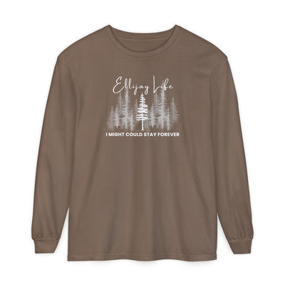 Brown comfort colors long sleeve t-shirt with nature-themed graphic and text "Ellijay Life - I Might Could Stay Forever"  