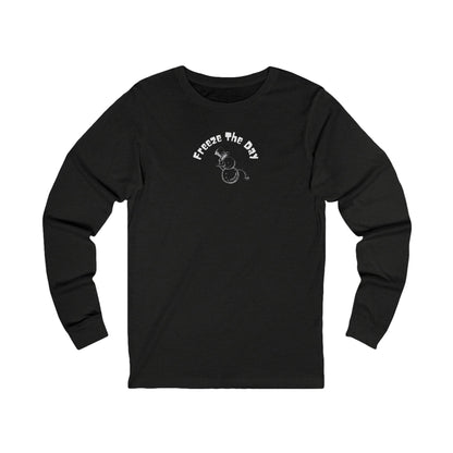 Black long-sleeve shirt with a snowman tipping a hat and text "Freeze the Day" by 515Gear.com