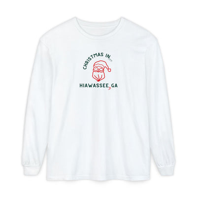 White long-sleeve unisex Comfort Colors t-shirt with Christmas graphic and text "Christmas in Hiawassee, GA"