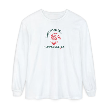 White long-sleeve unisex Comfort Colors t-shirt with Christmas graphic and text "Christmas in Hiawassee, GA"