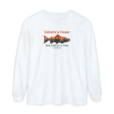 White long-sleeve shirt with a fishing-themed design saying Cohutta's finest One Cast at a Time by 515Gear.com