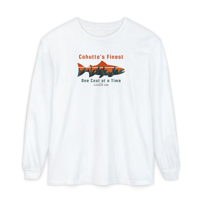 White long-sleeve shirt with a fishing-themed design saying Cohutta's finest One Cast at a Time by 515Gear.com