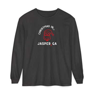 Black long-sleeve shirt with happy Santa and candy cane graphic and text "Christmas in... Jasper, GA"