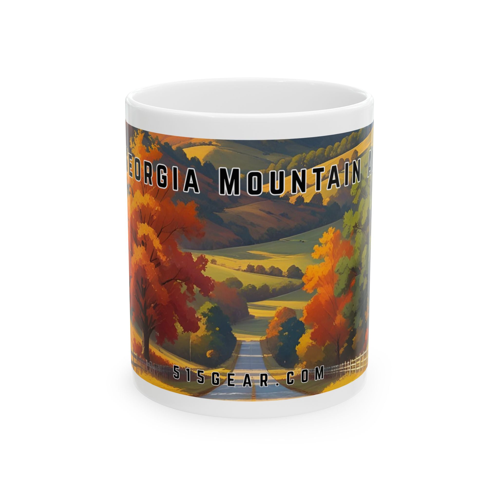 Mug with a vintage scenic design of a rural road cutting through the North Georgia Mountains in Autumn by 515Gear.com
