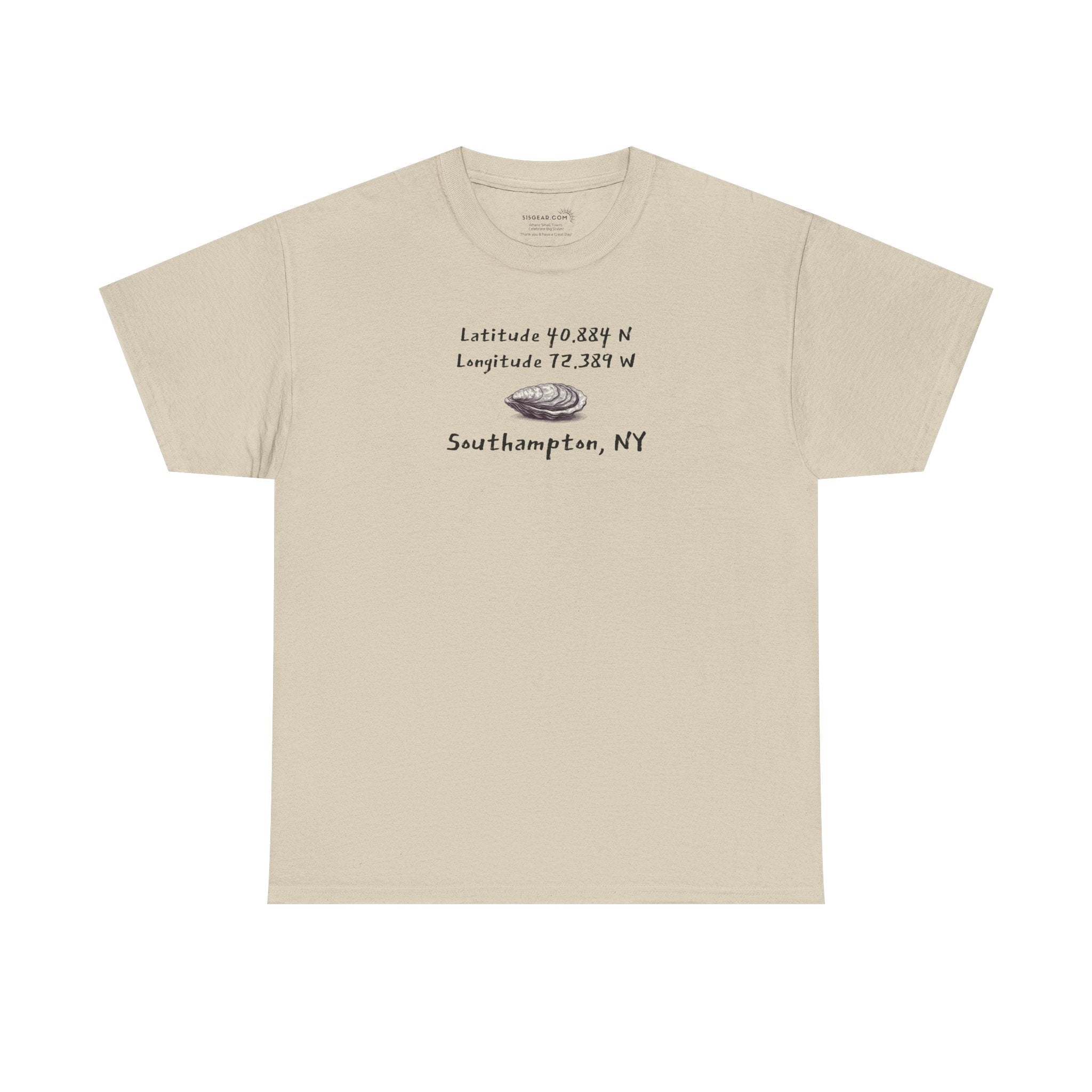 Beige t-shirt with oyster graphic and text "latitude and longitude - Southampton NY"