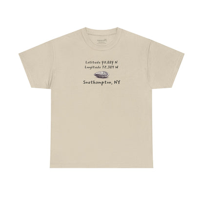Beige t-shirt with oyster graphic and text "latitude and longitude - Southampton NY"