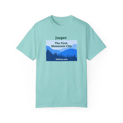 Jasper, GA First Mountain City, blue ridge mountains graphic, Unisex Garment-Dyed adult T-shirt by 515Gear.com