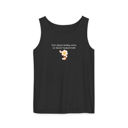 Black tank top with text "Our steps today echo in their tomorrows" and anthropomorphic hippy flower graphic