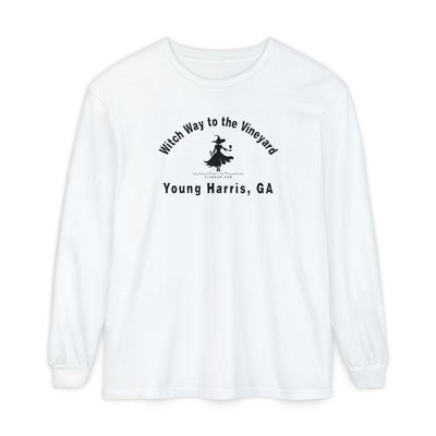 white long sleeve t-shirt with sassy witch graphic holding a glass of wine and text "Witch Way to the Vineyard - Young Harris  GA" by 515Gear.com