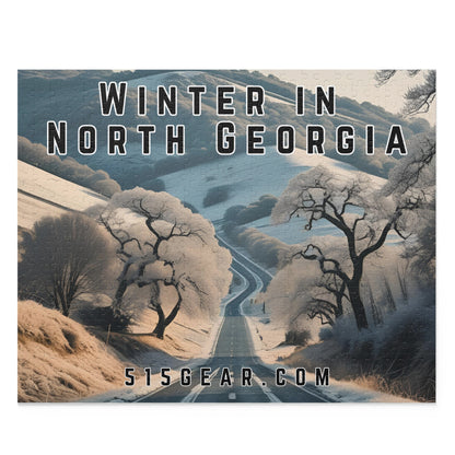 Wintery landscape puzzle with snow-covered trees and a road, text overlay 'Winter in North Georgia' and website '515GEAR.COM'.