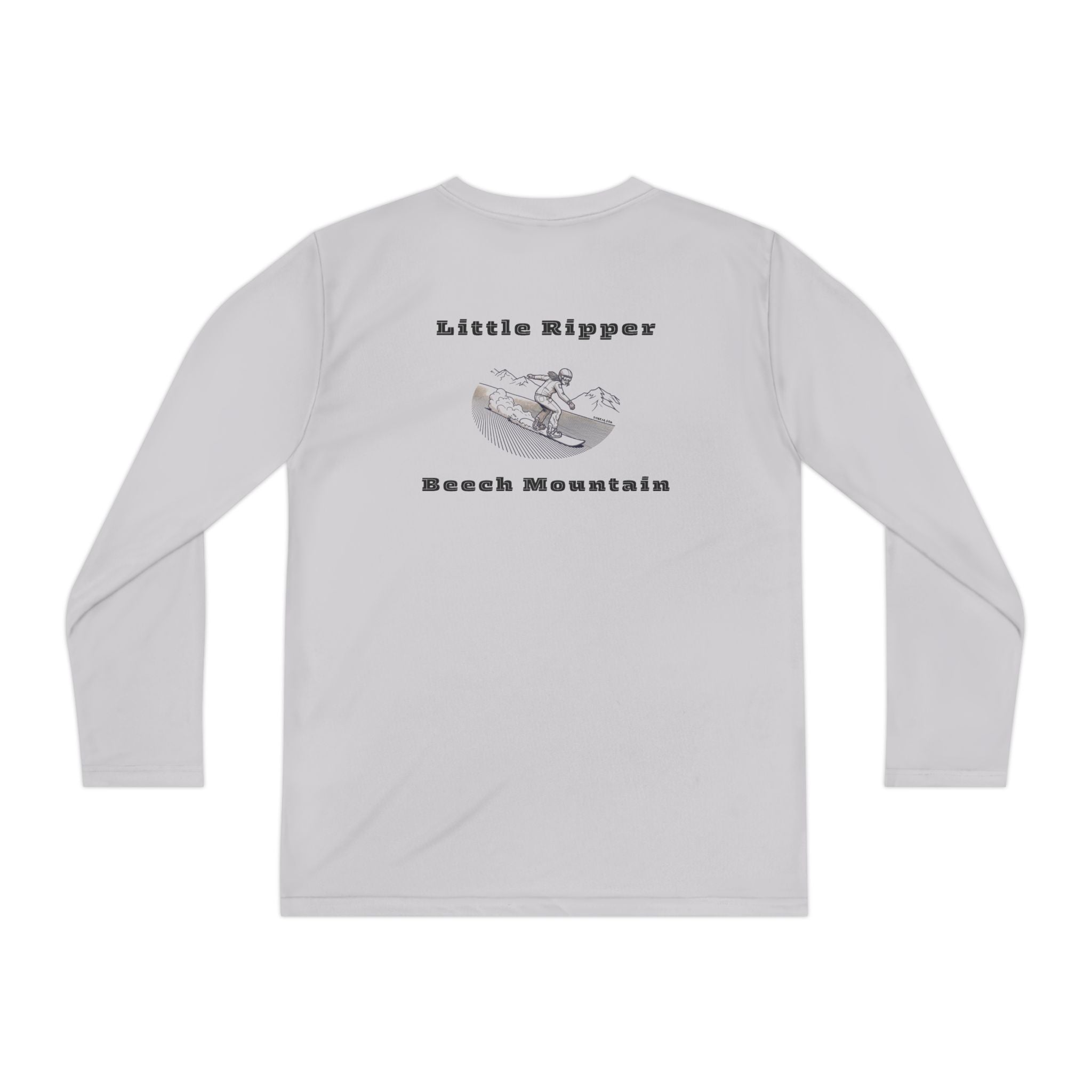 Gray long-sleeve performance t-shirt text "Little Ripper – Beech Mountain... Vertical Drop 830 ft" with snowboard graphic
