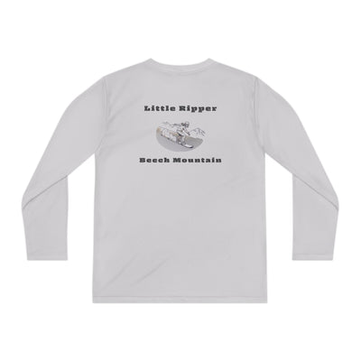 Gray long-sleeve performance t-shirt text "Little Ripper – Beech Mountain... Vertical Drop 830 ft" with snowboard graphic