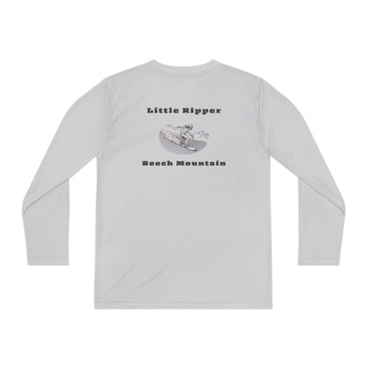 Gray long-sleeve performance t-shirt text "Little Ripper – Beech Mountain... Vertical Drop 830 ft" with snowboard graphic