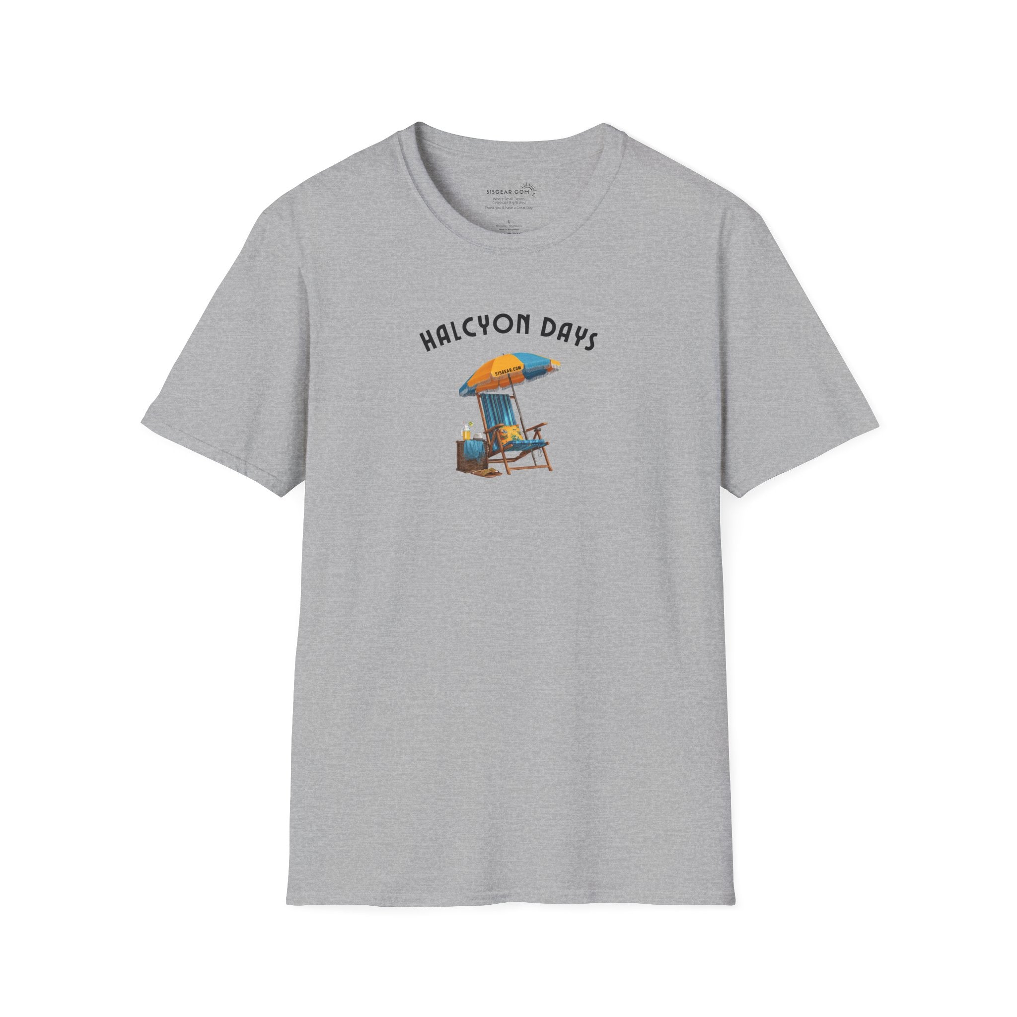 Gray unisex t-shirt with text "Halcyon Days" and beach chair with umbrella graphic