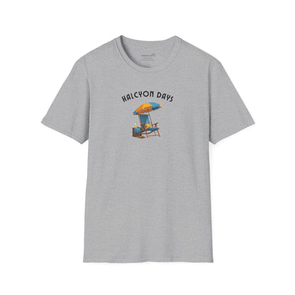 Gray unisex t-shirt with text "Halcyon Days" and beach chair with umbrella graphic