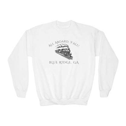 White kids sweatshirt with train graphic and text "All Aboard, Y'all - Blue Ridge, GA" by 515Gear.com