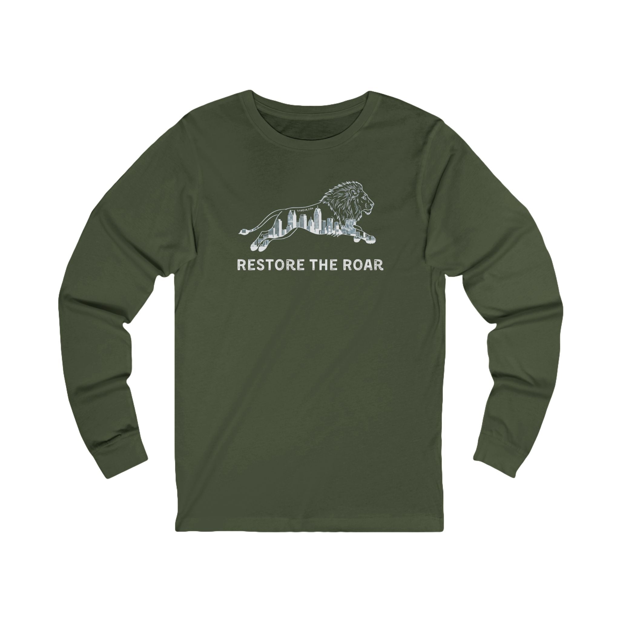 Green long-sleeve shirt with a lion graphic and 'Restore the Roar' text on a white background