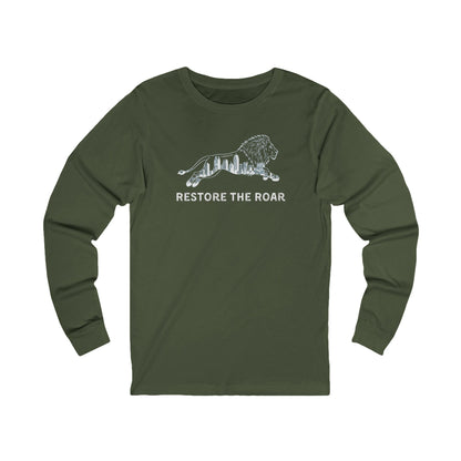 Green long-sleeve shirt with a lion graphic and 'Restore the Roar' text on a white background