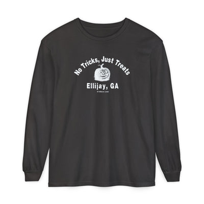 Charcol unisex long sleeve T-shirt with jack-o-lantern graphic and text "No Tricks Just Treats - Ellijay GA" by 515Gear.com