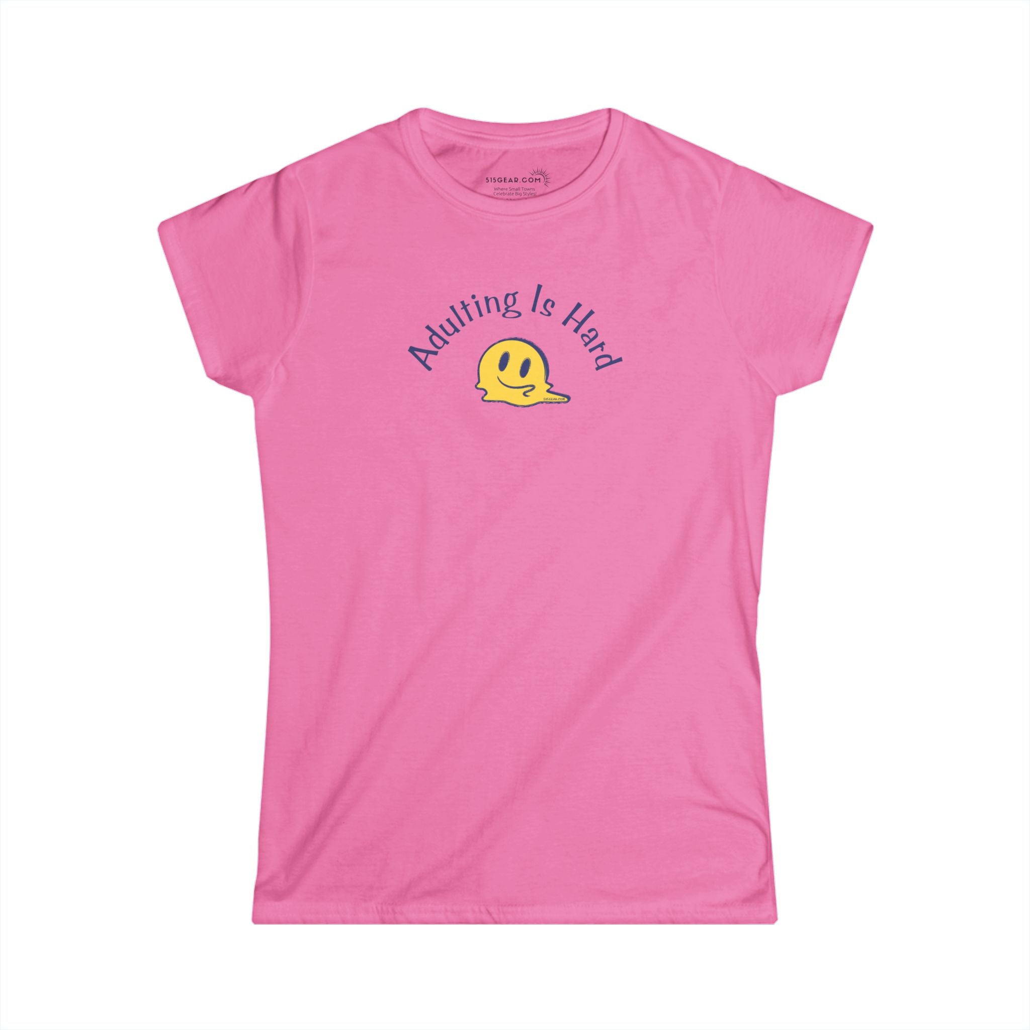 Pink super soft v-neck Women's t-shirt with text Adulting is Hard and graphic of a melting smiley face