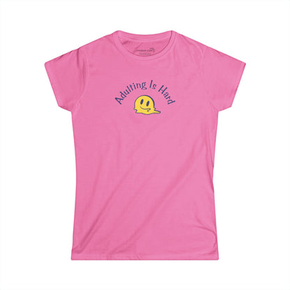 Pink super soft v-neck Women's t-shirt with text Adulting is Hard and graphic of a melting smiley face