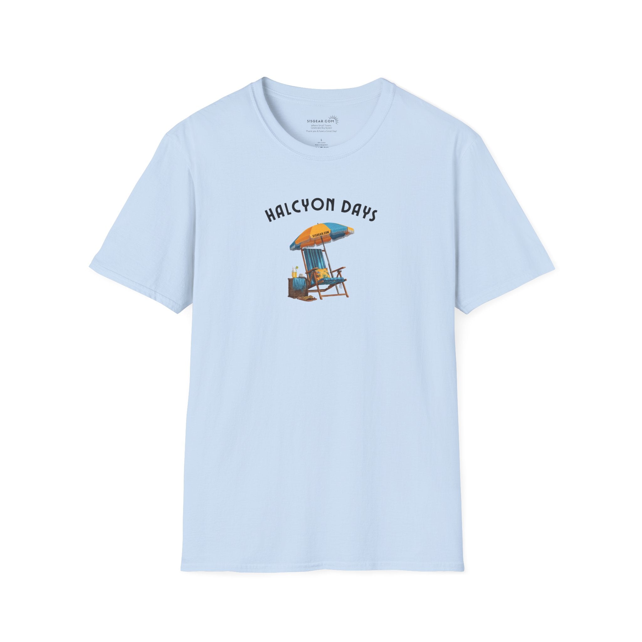 Light blue unisex t-shirt with text "Halcyon Days" and beach chair with umbrella graphic