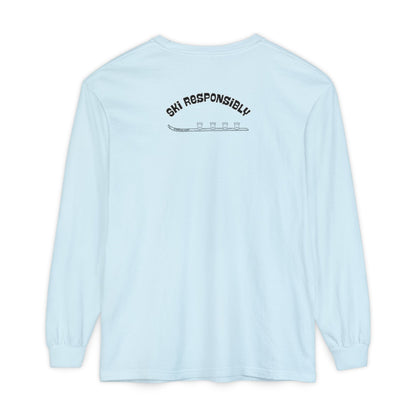 Light blue long-sleeve shirt with text and shotski graphic
